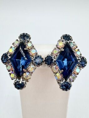 Vintage Blue & AB Rhinestone Diamond Shape Clip On Earrings Regency Princesscore